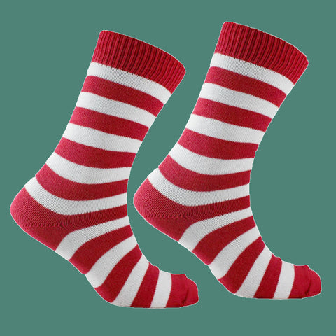 Red and White Striped Socks Dark Green Background