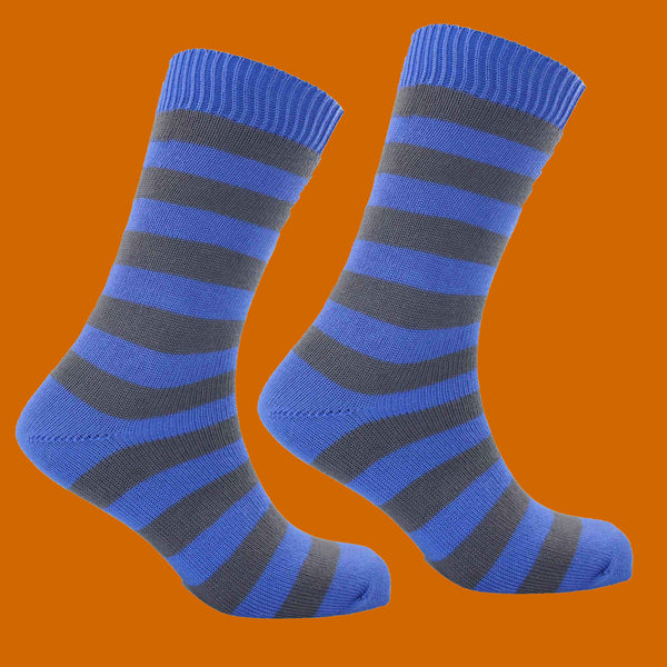 Blue and Grey Striped Sock Orange Background