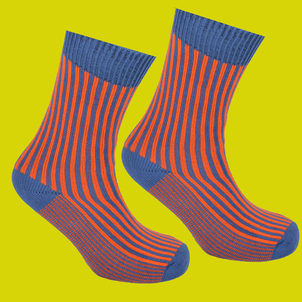 Light Blue and Orange perpendicular socks yellow background