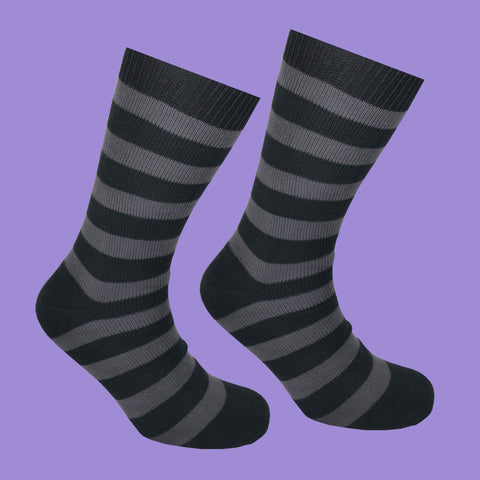 Black and Grey Striped Socks Lavender Background