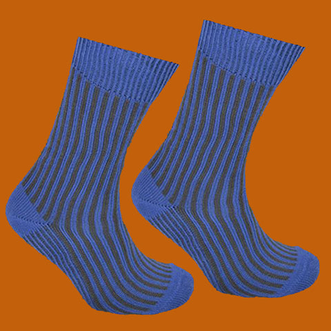 Blue and Grey perpendicular stripe socks orange background