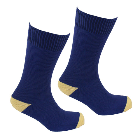 Blue socks with yellow heel and toe