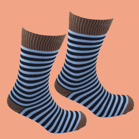 Light Blue and Navy Striped Socks Coffee Heel and Toe 