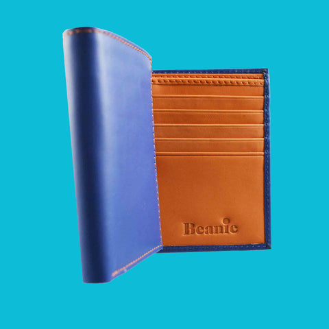 Men's Leather Trifold Wallet - Royal Blue/Orange