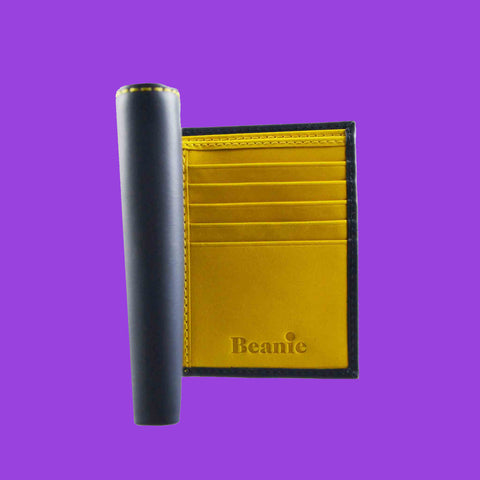 Men's Leather Trifold Wallet - Navy/Yellow