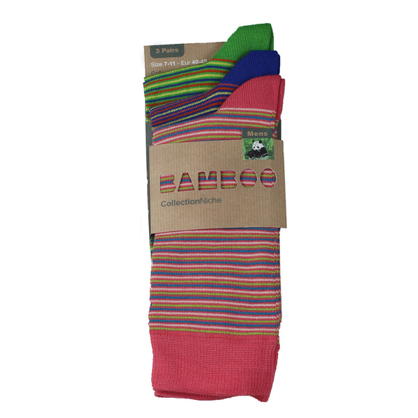 Men's 100% Bamboo Thin Stripe Socks Green Blue and Pink