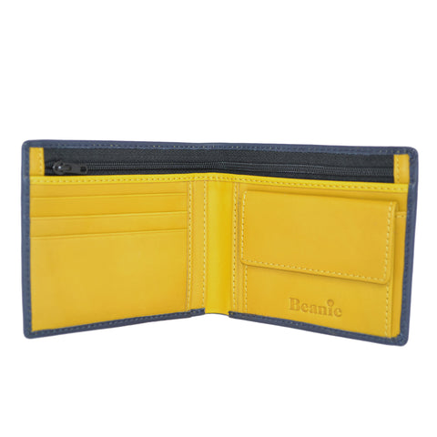 100% Leather Wallet with Coin Purse Navy and Yellow