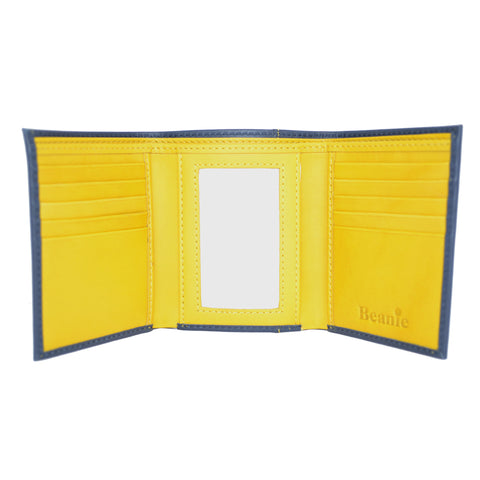 100% Leather Tri-Fold Wallet Navy and Yellow