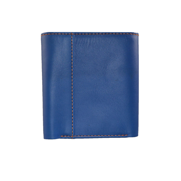 100% Leather Tri-Fold Wallet Blue and Orange