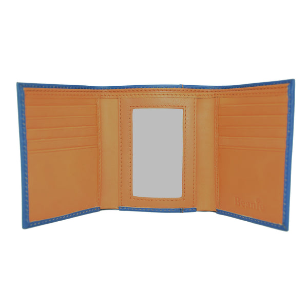 100% Leather Tri-Fold Wallet Blue and Orange